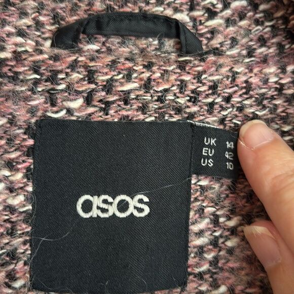 ASOS Tweed Wool Long pink black white oversized dress coat Teddy Jacket 10 EUC - Picture 6 of 9